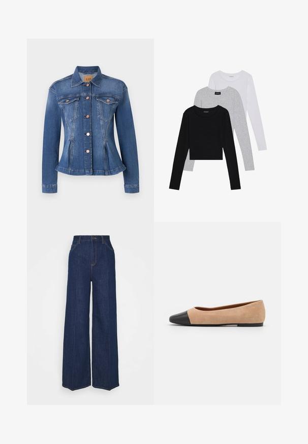 Középkék farmerdzseki, melynek csípőfeszített derékrésze van, két mellzseb, réz gombok és hegyes gallér. Kopott hatások az alsó szegélyeknél.; Három hosszú ujjú póló egymásra rakva: fekete, szürke és fehér. Mindegyiknek kerek nyaka van, és rövidített fazonnal rendelkezik, sima, könnyű anyagból készült.; Magas derekú, széles szárú sötétkék farmernadrág elöl és hátul zsebekkel, gombos záródással és látható varrási részletekkel.; Beige velúr balettcipő fekete bőr kerek orral, alacsony sarokkal és sima textúrával, minimális varrással és letisztult dizájnnal.