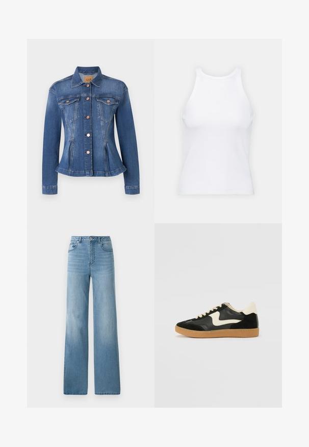 Mėlynas džinsinis švarkas su priderintu liemeniu, dviem krūtinės kišenėmis, variniais mygtukais ir smailiu apykakle. Nusidėvėjimo akcentai prie apdailos.; Baltas be rankovių marškinėlis, pagamintas iš išklotinės medžiagos, su apvaliu iškirpimu ir prigludusia siluetu, minimaliais siūlais ir be dekoracijų.; Šviesiai mėlynos aukšto liemens džinsai su tiesiu sijonu. Pagaminti iš džinsinio audinio, su penkiomis kišenėmis ir mygtukų uždarymu.; Juodos zomšo ir odos sportinės bateliai su kreminiu šoniniu swoosh ir šviesiai kreminiu kulnu. Ypatybės - smėlio spalvos raišteliai ir guminis padas.
