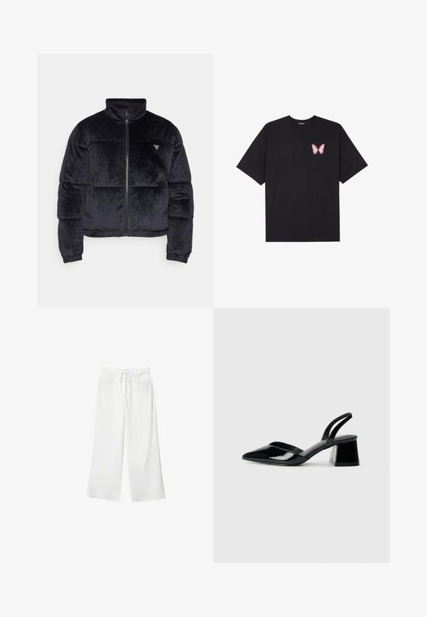 Giacca a vento nera con colletto alto, design trapuntato, texture morbida, chiusura con zip e un piccolo logo sul petto.; T-shirt nera in cotone con maniche corte, caratterizzata da una piccola grafica di una farfalla rosa sul lato sinistro del petto. Design a girocollo con una vestibilità rilassata.; Pantaloni bianchi a gamba larga realizzati in tessuto morbido, con vita regolabile e due tasche frontali. Texture liscia e senza motivi visibili.; Décolleté in vernice nera con punta affusolata e tacco in geometria cubica. Presentano un design elegante e minimalista, con una texture liscia.