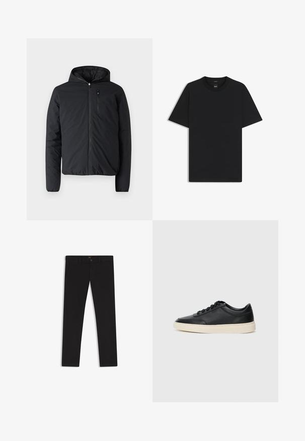 Giacca nera isolante con cappuccio, chiusura lampo frontale e tasca sul petto. Realizzata in tessuto liscio con una texture leggera e soffice.; Maglietta nera a maniche corte realizzata in un morbido misto cotone, con scollatura a girocollo e un design minimalista senza motivi o dettagli.; Pantaloni neri realizzati in tessuto con una superficie liscia. Presentano una chiusura con bottone, passanti per cintura e tasche laterali. Design a gamba dritta standard.; Sneaker in pelle nera a basso profilo con lacci neri e suola avorio, mostrato di profilo su sfondo bianco.