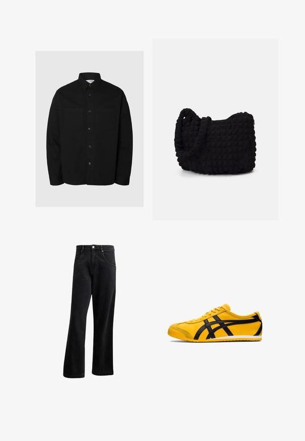 Sort langærmet skjorte med knapper, to brystlommer og klassisk krave, præsenteret mod en ensfarvet lys baggrund.; Sort lynlåstrøje med hætte og kengurulomme, oversized pasform, blødt stof og snøre i hætten. Har en solid lynlås og ribbede manchetter.; Pakke med fem sorte crew-neck T-shirts. Korte ærmer, lavet af bomuld, standart pasform. Glat tekstur uden synlige mønstre eller udsmykninger.; Sorte denim jeans med straight-leg design, der har frontlommer, en knaplukning og en let tekstur. Inkluderer en diskret logo detalje.; Gul atletisk sko med sorte accenter, glat lædertekstur, buet design, rund tå, flad hvid sål og fremtrædende branding på siden.; Sort stofpose med en struktureret, quilted mønster. Rund form, korte, tykke håndtag, og en blød, fleksibel struktur.