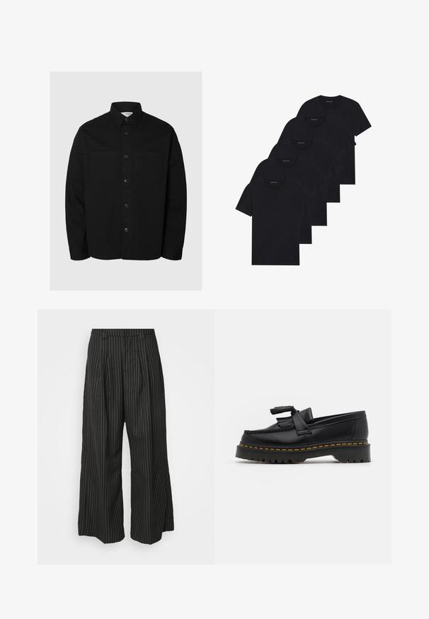 Juodas ilgomis rankovėmis mygtukinis marškinys su dviem krūtinės kišenėmis ir klasikiniu apykakle, pristatytas prieš paprastą šviesią fono.; Penki juodi apvalaus kaklo marškiniai. Trumpomis rankovėmis, pagaminti iš medvilnės, standartinio kirpimo. Lygus paviršius be matomų raštų ar puošmenų.; Juodos dryžuotos plačios kojos kelnės su klostėmis, turinčios pritaikytą dizainą ir minkštą tekstūrą. Nėra matomų metalinių detalių ar akcentų.; Juodas odinis loaferis su kutais, turintis masyvų juodą pado ir geltonus siūlus palei kraštą. Textūruota danga.