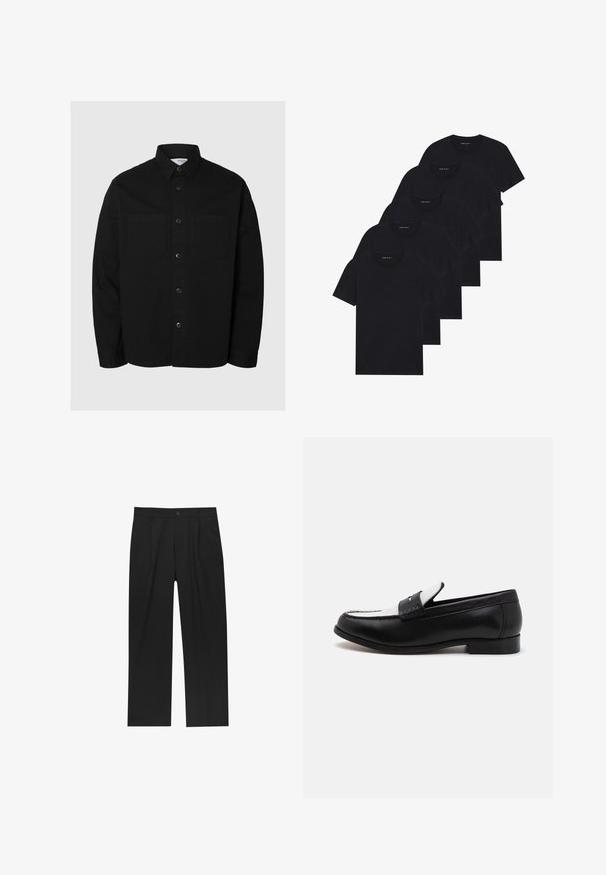 Zwarte langemouw blouse met knoopsluiting, voorzien van twee borstzakken en een klassieke kraag, weergegeven tegen een effen lichte achtergrond.; Zes zwarte t-shirts met ronde hals in een verpakking van vijf. Korte mouwen, van katoen, met een standaard pasvorm. Gladde textuur zonder zichtbare patronen of versieringen.; Zwarte broeken met een recht model, gemaakt van een gladde stof. Voorzien van een voorplooien en een enkele knoopsluiting bij de taille.; Zwarte lederen loafers met een contrasterend wit leren paneel en stiksels. Voorzien van een gladde afwerking en een lage hak.