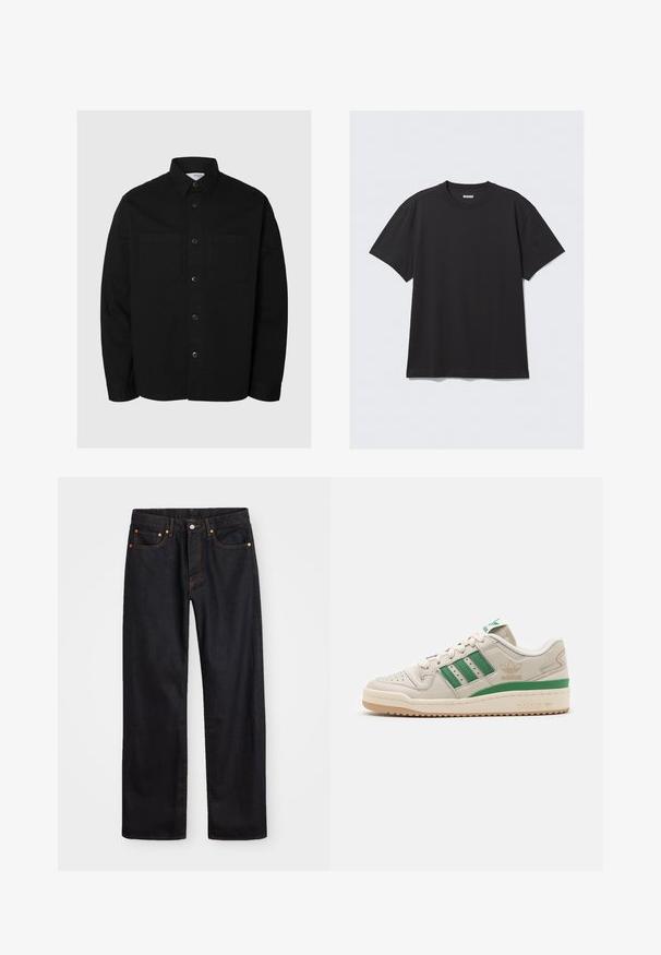 Melnā garām piedurknēm pogājamā krekla ar diviem krūšu kabatām un klasisku apkakli, attēlots uz vienkārša gaiša fona.; Melnas īsām piedurknēm t-krekls, kas izgatavots no kokvilnas. Tam ir apaļa kakla izgriezne un brīva piegriezuma siluets. Vienkāršs dizains bez rakstiem vai akcentiem.; Vīriešu taisno kāju melnie džinsi ar piecām kabatām un oranžu izšuvumu, ar pogu un zipa aizdari priekšējā jostas daļā.; Adidas kedas ar beige ādas augšdaļu, zaļām svītrām un gumijas zoli. Aprīkoti ar mīkstinātu apkakli un caurumu zoli gaisa caurlaidībai.