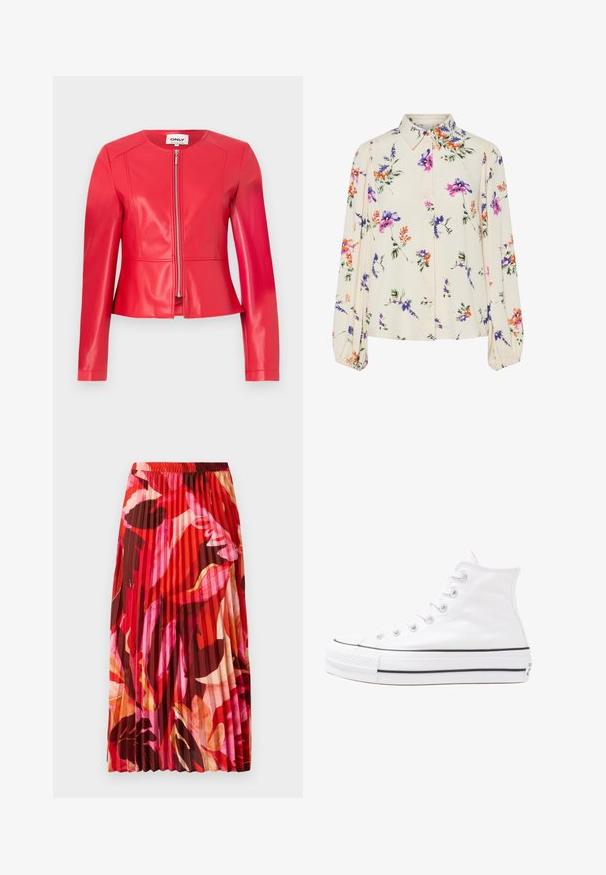 Raudona dirbtinė odos striukė, prigludusio dizaino, apvaliu iškirpimu, ilgomis rankovėmis, priekyje užtrauktuku ir subtiliais siuvinėjimo detalėmis.; Gėlių bluzonas su ilgomis pūkuotomis rankovėmis, šviesiai kreminiu pagrindu, su violetiniais, oranžiniais ir žaliais gėlių raštais bei klasikiniu apykaklės dizainu.; Vibranti raudona, rožinė ir ruda gėlių rašto plisuota ilga sijonas. Elastinga juosmens juosta ir glotni tekstūra užtikrina komfortą ir stilių.; Balti aukštakulniai drobės sportbačiai su juodu guminio pado, priekinio guminio piršto dangteliu ir šešiais akytėmis raištams, pasižymintys švariu, minimalistiniu dizainu.