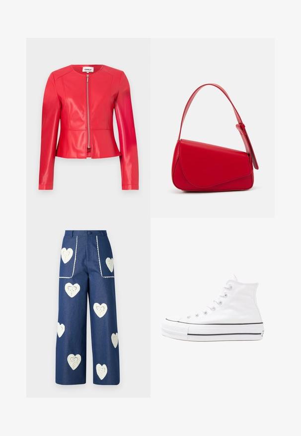 Giacca in finta pelle rossa, design aderente, scollatura rotonda, maniche lunghe, chiusura frontale con zip e dettagli di cucitura discreti.; Blusa floreale con maniche puff lunghe, base di un chiaro crema, caratterizzata da motivi floreali in viola, arancione e verde, con un classico design del colletto.; Sister Jane HEART TO HEART - Jeans a sigaretta - blue denim; Sneaker alta in tela bianca con suola in gomma nera, punta in gomma frontale e sei asole per i lacci, caratterizzata da un design pulito e minimalista.; Borsa a tracolla in pelle rossa con un design angolare e geometrico. Presenta una singola tracolla regolabile e una chiusura a patta con dettagli cuciti.