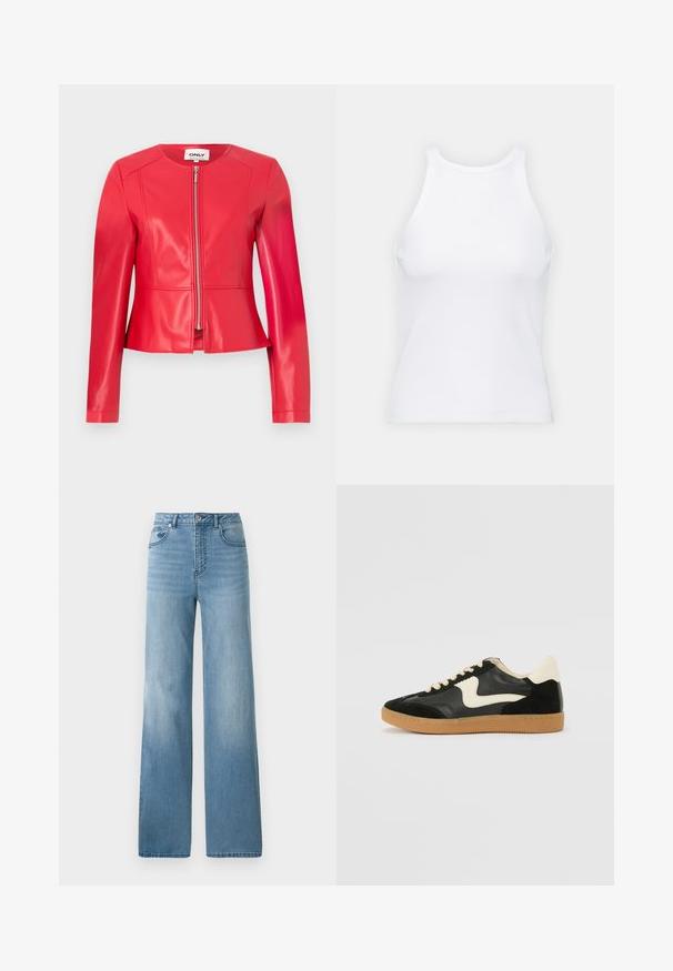 Rode neplederen jack, aansluitend ontwerp, ronde halslijn, lange mouwen, voordelige ritsluiting en subtiele stikdetails.; Witte mouwloze tanktop van ribstof, met een ronde halslijn en een aansluitende pasvorm, met minimale naden en zonder versieringen.; Lichtblauwe high-waisted jeans met een rechte pasvorm. Gemaakt van denim, met vijf zakken en een knoopsluiting.; Zwarte suède en leren sneaker met een crèmekleurige zij-swoosh en lichte crèmekleurige hiel. Voorzien van beige veters en een gumrubberen zool.