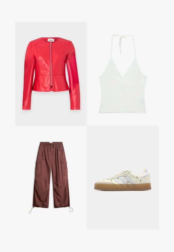 Veste en simili cuir rouge, design ajusté, encolure ronde, manches longues, fermeture éclair à l'avant et détails de couture subtils.; Débardeur blanc à col halter avec un décolleté en V profond. Fabriqué en tissu lisse et léger. Présente un lien ajustable à l'arrière.; Pantalons cargo larges marron avec taille élastique, cordon de serrage, grandes poches latérales et cordons ajustables aux chevilles.; Baskets crème avec des rayures bleu clair, semelle en caoutchouc, et accents décoratifs en forme de fleurs jaunes sur le matériel supérieur. Design à bout arrondi.