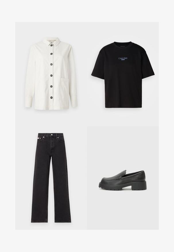White cotton button-up jacket with a collar, featuring a straight cut, long sleeves, two front pockets, and six black buttons down the front.; Black cotton t-shirt with a round neck, short sleeves, and blue embroidered "Calvin Klein JEANS" logo on the front.; Black wide-leg jeans made of denim, featuring a high-rise waist, five-pocket styling, and a metal button closure with contrasting stitching.; Black leather loafers with a rounded toe, thick textured sole, and minimal stitching details. Sleek design with no visible laces or hardware.