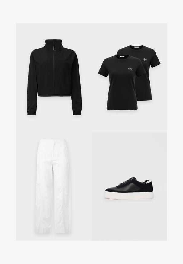 Fekete, cropped dzseki álló gallérral, elülső cipzárral, hosszú ujjaival, elasztikus mandzsettákkal és sima, matt textúrával.; Két fekete, rövid ujjú, kerek nyakú póló kis szürke "CK Calvin Klein" logóval a bal mellrészen, fehér háttéren bemutatva.; Fehér, széles szárú nadrág könnyű anyagból, sima textúrával, letisztult vonalakkal és magasderék kialakítással.; Fekete sportcipő sima bőrből és velúr panelekkel, lapos fűzőkkel, kerek orral és fehér gumi talppal. Megkülönböztető logó a sarkán.