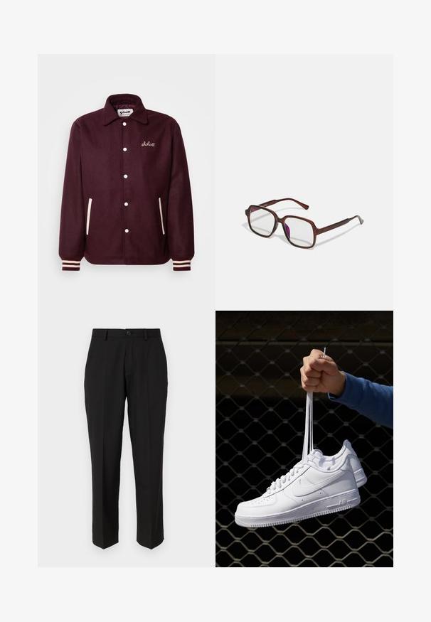Schott ZACK - Könnyű dzseki - aubergine; Fehér, hosszú ujjú ing, sima pamut anyagból készült, klasszikus gallérral és finom fényű felülettel. Öt gomb a elülső részen.; Fekete nadrág sima anyagból, egyenes lábformával, elülső zsebekkel, egygombos záródással és látható minták nélkül.; Fehér bőr sportcipők perforációval, kerek orral, lapos talppal és vastag fűzőkkel, látható swoosh logóval és "AIR" felirattal a sarokrészen.; Barna, téglalap alakú szemüveg áttetsző lencsékkel és lila árnyalattal. Simító műanyag keret, egyenes szárakkal és diszkrét díszítésekkel.