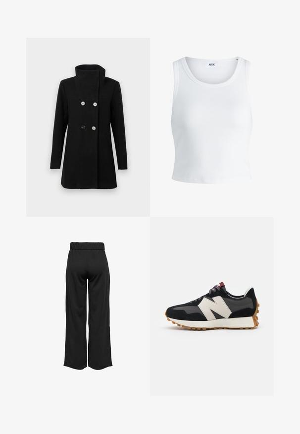 Palton negru cu două rânduri de nasturi, guler înalt, trei nasturi vizibili, mâneci lungi și buzunare laterale pe un fundal ușor deschis.; Top alb cu detalii texturate, cu guler rotund, fără mâneci și lungime scurtă. Eticheta spune "JJXX." Textură de țesătură netedă.; Pantaloni negri, cu croi larg și talie elastică, realizați dintr-un material neted. Au un design simplu, fără buzunare sau detalii de cusătură vizibile.; Adidași din suede negru și gri cu un mare logo "N" de culoare crem, sireturi purpurii și o talpă din cauciuc texturat de culoare gumă.