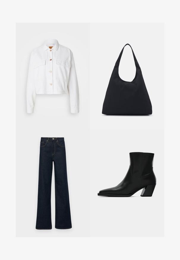 GAP CROP SHACKET - Džinsa auduma jaka - optic white; Balta adīta turtleneka džemperis ar īsu siluetu, ar ribotām piedurknēm un apakšmalu. Mīksta tekstūra ar ērti, masīvu dizainu.; Tumši zilie plats kāju džinsi ar priekšējām kabatām, jostas cilpiņām un pogu aizdari.; Melnas ādas potītes zābaki ar norādītu pirkstu, elegantu siluetu un masīlu kvadrātveida papēdi. Gluda tekstūra ar minimālām šuvju detaļām.; Melnas auduma soma ar vienu, platu plecu siksnu. Mīksta, pusstrukturēta forma un gluda tekstūra; minimāls dizains, bez redzamiem piederumiem.