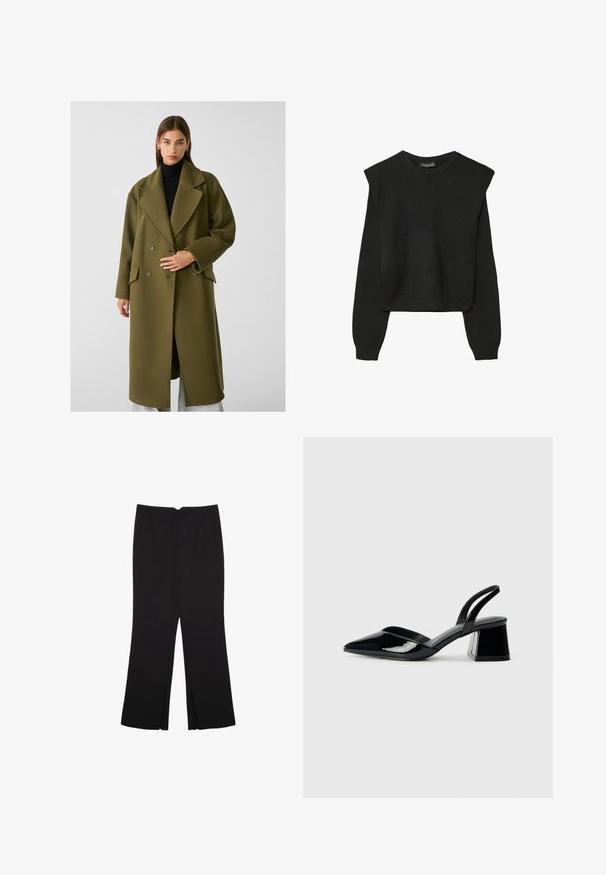Stradivarius SOFT-TOUCH - Klassischer Mantel - khaki; Schwarzer, langärmeliger, gestrickter Pullover mit gepolsterten Schultern sowie gerippten Bündchen und Saum, dargestellt vor einem weißen Hintergrund.; Schwarze Hose mit geradem Schnitt, ausgestattet mit Fronttaschen und Seitenschlitzen am Saum. Hergestellt aus weichem, glattem Stoff. Geeignet für verschiedene Anlässe.; Schwarze Lackleder-Slingback-High Heels mit spitzem Schuh und einem geometrischen Blockabsatz. Verfügt über ein schlankes, minimalistisches Design und eine glatte Textur.