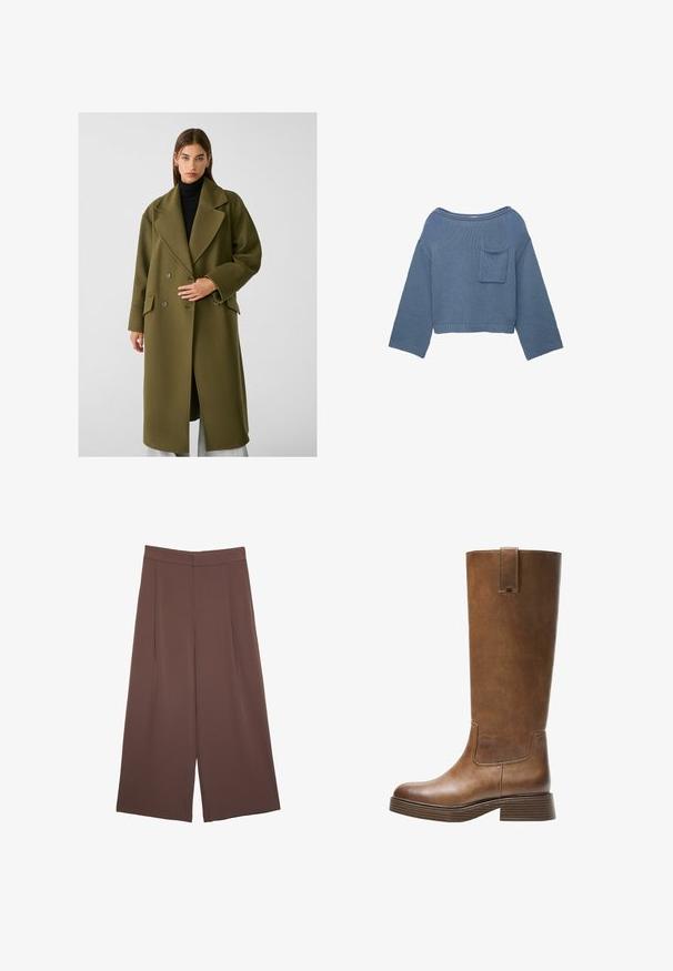 Stradivarius SOFT-TOUCH - Klasičan kaput - khaki; Plavi pleteni dugi rukav skraćeni pulover s širokim izrezom i malom džepom na lijevoj strani.; Smeđe hlače širokog kroja s glatkom teksturom, koje imaju visok struk i nabore sprijeda. Tkanina je lagana i slobodno se kreće.; Smeđe kožne čizme do koljena s zaobljenim nosom, teksturiranom površinom i niskim debljim potplatom. Imaju bočni panel i povlačnu traku na vrhu.