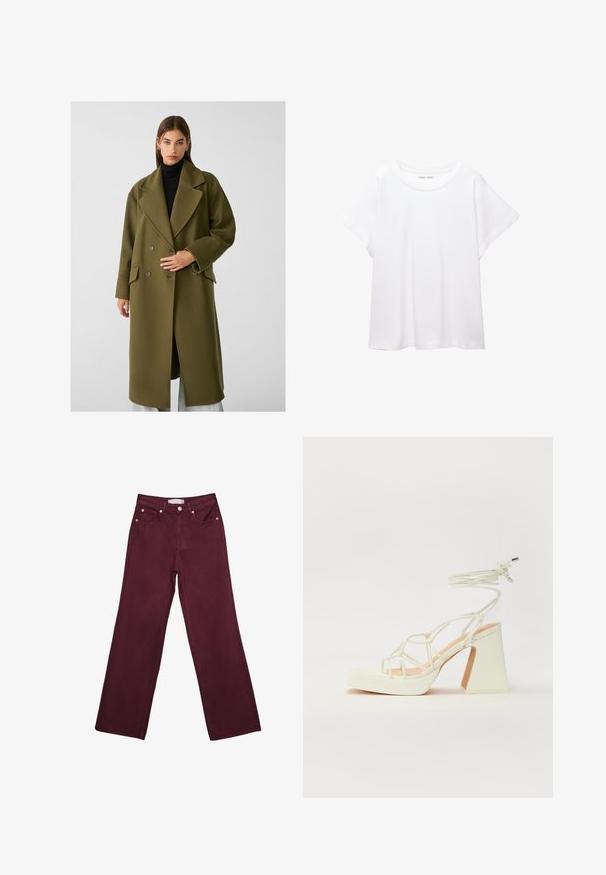 Stradivarius SOFT-TOUCH - Klassischer Mantel - khaki; Weißes T-Shirt aus weichem, leichtem Stoff. Mit runder Halslinie und kurzen, weit geschnittenen Ärmeln für einen lässigen Sitz. Keine sichtbaren Muster.; Burgunderfarbene hochtaillierte Jeans mit geradem Bein-Design, ausgestattet mit vorderen Taschen, einem Knopfverschluss und metallischen Akzenten in Kupferfarbe.; Weiße High-Heel-Sandale mit einem klobigen Absatz, die über ein Riemchendesign und ein Knöchelband verfügt. Glatte Textur mit einer Plattform vorne für zusätzliche Höhe.