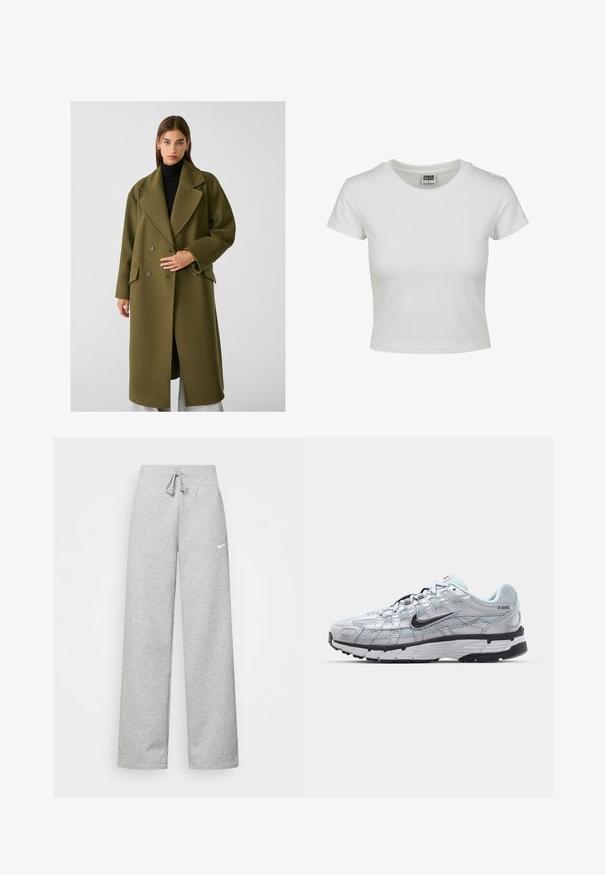 Stradivarius SOFT-TOUCH - Klassinen takki - khaki; Valkoinen puuvillapaita, jossa on klassinen pyöreä kaula-aukko, lyhyet hihat ja kiinteä malli. Ei näkyviä kuvioita tai yksityiskohtia.; Harmaat verkkarit, joissa on elastinen vyötärö, nauhaverhoilu ja pieni valkoinen Nike-logo vasemmassa reidessä. Pehmeä kangas, löysä istuvuus.; Nike P-6000 tennarit, joissa on vaaleanharmaa verkkomateriaali, mustia yksityiskohtia ja kestävä musta kumipohja. Ominaisuuksia ovat monimutkainen muotoilu ja nauhoitusjärjestelmä.