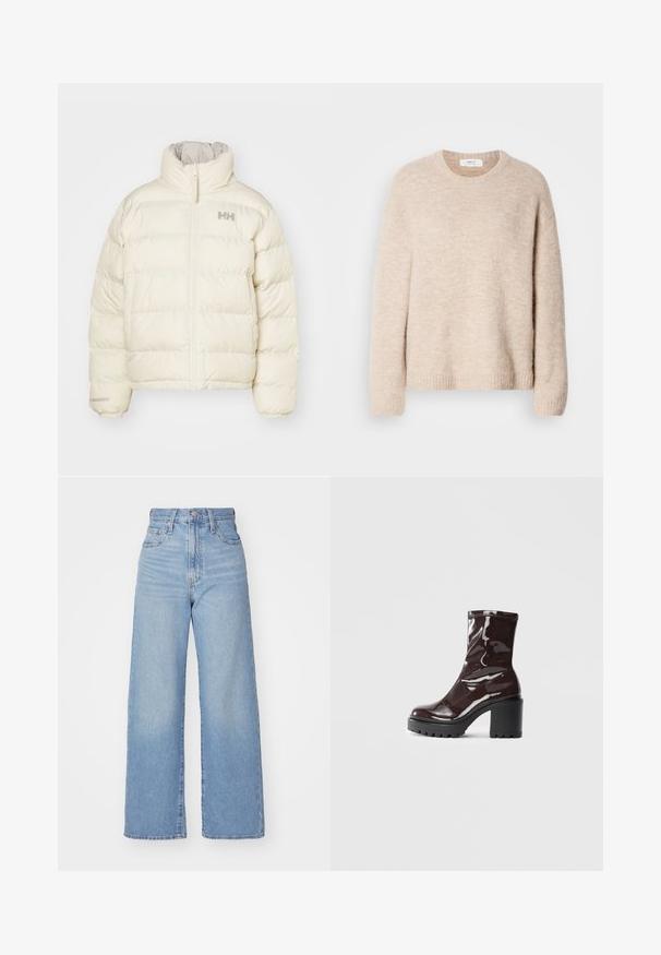 Kremlkrāsas pūkainais jaka ar vertikālu quilted dizainu, augstu apkakli un priekšējo rāvējslēdzēju. Iezīmē minimālistisku logo uz krūtīm.; Bēša adīta džemperis ar apaļu kakla izgriezumu, garām piedurknēm un ribotām malām. Mīksta, struktūrēta auduma, atbrīvota piegriezuma.; Gaiši zili augstās jostas vidukļa platās bikses ar priekšējo pogu un rāvējslēdzēju, priekšējām un aizmugurējām kabatām uz baltā fona.; Spīdīgas bordo potīšu botītes ar masīlu melnu papēdi, kurām ir gluda tekstūra un vienkāršs dizains. Nav redzamu aizdari vai rakstu.