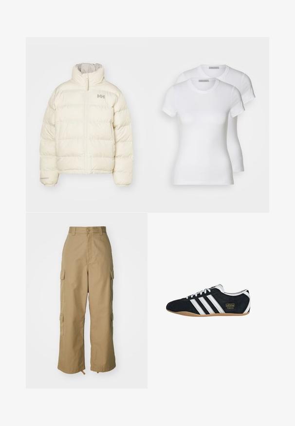 Veste en duvet de couleur crème avec un design matelassé vertical, col montant et fermeture éclair à l'avant. Présente un logo minimaliste sur la poitrine.; Deux t-shirts en coton blanc à manches courtes, à encolure ronde et à coupe ajustée, présentant une texture lisse et un design minimaliste.; Pantalons cargo beiges à taille haute, jambes larges et quatre grandes poches latérales. Fabriqués en tissu durable avec une texture lisse et peu de détails.; Sneakers en suede noir avec trois bandes blanches, logo doré et semelle en caoutchouc marron. Présente un design à lacets à profil bas.