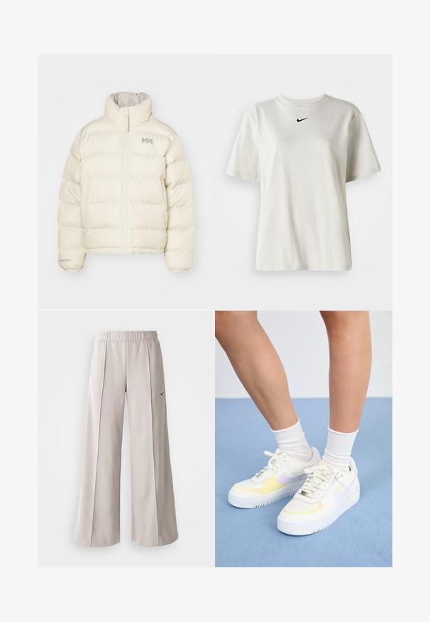 Cream-colored puffer jacket with vertical quilted design, high collar, and front zipper. Features a minimalistic logo on the chest.; White cotton t-shirt with a round neckline and short sleeves. Features a small black Nike logo on the chest. Simple and unadorned design.; Light gray wide-leg pants made of smooth fabric. Features an elastic waistband and black Nike logo on the left side.; White leather sneakers with yellow and lavender accents, round toe, flat laces, and textured rubber sole. Worn with white socks.