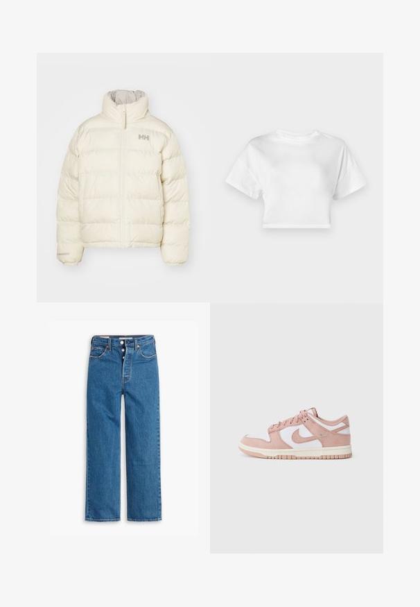 Cremfarbene Pufferjacke mit vertikalem Steppmuster, hohem Kragen und Frontreißverschluss. Verfügt über ein minimalistisches Logo auf der Brust.; Weißes, kurzes T-Shirt aus Baumwolle. Kurze Ärmel, runder Ausschnitt, glatte Textur, lässiges Design ohne Muster oder Verzierungen.; Blaue Denim-Jeans mit geradem Bein, hoher Taille, fünf Taschen und Knopfverschluss. Auffällige Nähte und Nieten in Kupferfarbe.; Der Sneaker verfügt über ein weiches Obermaterial aus pinkem Wildleder, weiße Leder-Applikationen und eine strukturierte Gummisohle. Auffälliges Swoosh-Logo an den Seiten und ein geschnürtes Design.