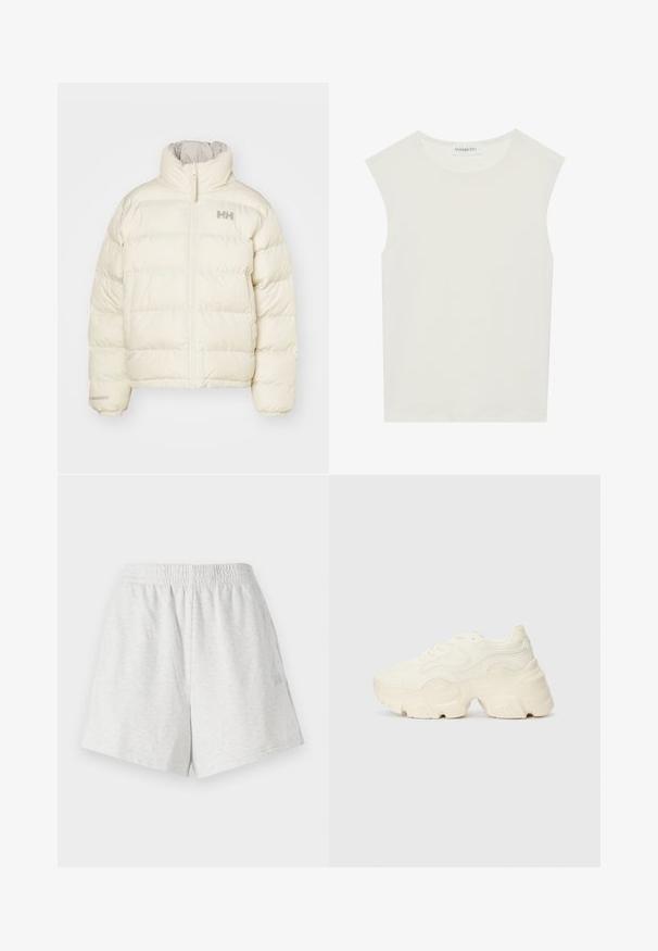 Kremowa kurtka puchowa z pionowym pikowaniem, wysokim kołnierzem i zapięciem na zamek błyskawiczny z przodu. Posiada minimalistyczne logo na klatce piersiowej.; Biała bezrękawnik z okrągłym dekoltem. Wykonana z gładkiego materiału, ma luźny krój i minimalistyczny design. Bez wzorów ani akcentów.; Szare bawełniane szorty z elastycznym pasem, bocznymi szwami i bez widocznych kieszeni. Miękka tekstura z prostym wzornictwem i bez wzorów.; Podeszwa chunky białych sneakersów wykonana z teksturowanej siateczki i materiałów syntetycznych, z grubą podeszwą i skomplikowanymi detalami wzoru po bokach.