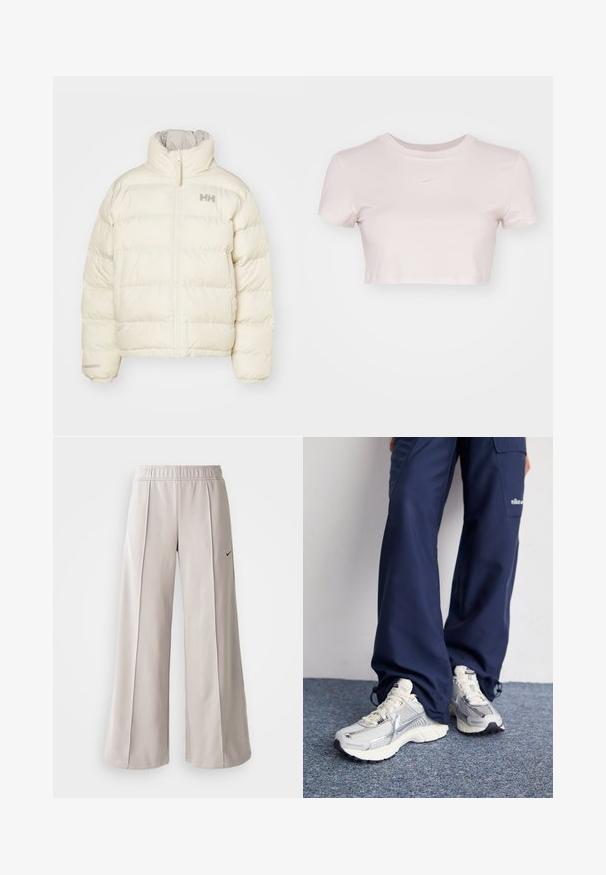 Pufi jakna v kremni barvi z navpično quiltirano zasnovo, visokim ovratnikom in sprednjim zadrgo. Ima minimalistični logotip na prsih.; Kratka majica v svetlo rožnati barvi, izdelana iz mehke tkanine. Ima krojen izrez in kratke rokave ter majhen bel Nike logo na prsih.; Svetlo sivi široki hlače iz gladkega materiala. Imajo elastični pas in črni Nike logotip na levi strani.; Nike športni čevlji s srebrno mrežasto zgornjico, belimi poudarki in teksturiranimi podplati, v kombinaciji s sproščenimi temno modrimi hlačami.