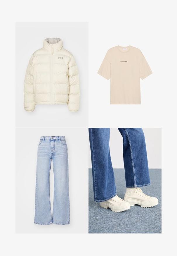 Krémová péřová bunda s vertikálním prošíváním, vysokým límcem a předním zipem. Na prsou se nachází minimalistické logo.; Beige bavlněné tričko s volným střihem, krátkými rukávy a kulatým výstřihem. Na přední straně je černý potisk "Positive Sincere".; Roxy MILLA - Wide leg - glacier; Bílé vysoké tenisky s tlustými, vroubkovanými podrážkami a kulatým logem, které jsou nošeny s světle modrými, širokými džíny.