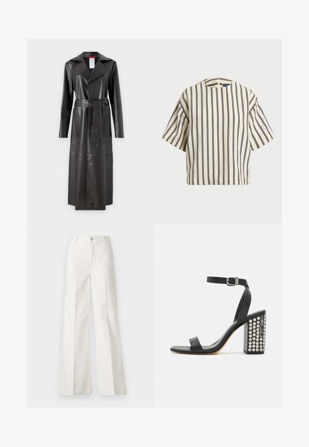 MAX&Co. COGNAC - Kunstlederjacke - dunkelbraun; Kurzärmliges, gestreiftes Oberteil in Creme und Marineblau, mit rundem Halsausschnitt und kastiger Form aus strukturiertem Stoff.; Weiße weite Hosen aus Baumwolle mit glatter Textur. Sie verfügen über einen vorderen Knopf, einen Reißverschluss und ein Design mit vier Taschen.; Schwarze Ledersandalen mit Absatz und Knöchelriemen. Mit einer quadratischen Schuhspitze, glatter Textur und einem quadratischen Blockabsatz, der mit silbernen Nieten verziert ist.