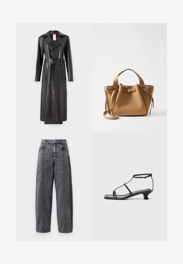 MAX&Co. COGNAC - Veste en similicuir - dunkelbraun; T-shirt court à manches courtes blanc fabriqué en tissu doux, avec un logo de marque en relief subtil sur la gauche de la poitrine.; Pantalons en denim gris délavé taille haute avec poches avant et latérales, fermeture à bouton et détails de couture verticale visibles.; Sandale en cuir noir avec un bout carré, des fines lanières, une bride de cheville ajustable et un petit talon. Présente un petit accent doré sur la lanière.; Tory Burch ROMY PEBBLED SATCHEL - Sac à main - tiramisu