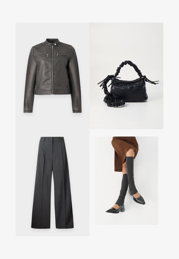 Fekete műbőr dzseki magas gallérral, két cipzáras mellzsebbel és fitted fazonnal. Sima textúra és minimalista dizájn.; Fehér, sima pamutből készült gombos ing, klasszikus gallérral, hosszú ujjakkal és ívelt hemvéggel. A gombok kicsik és fehérek.; Széles szárú nadrág sötétszürke anyagból, magas derekú, egyes redőkkel, sima textúrával és tiszta befejezéssel a szegélyeken.; Fekete lakk bőrből készült, hegyes orrú cipők, tömbsarkúakkal és bokapánttal, szürke bordás lábszármelegítőkkel és barna velúr szoknyával párosítva.; Fekete műbőr kézi táska krokodil bőr textúrával, összehúzható tetejű és gyűrt pánttal. Lágy és kompakt dizájnúnak tűnik.