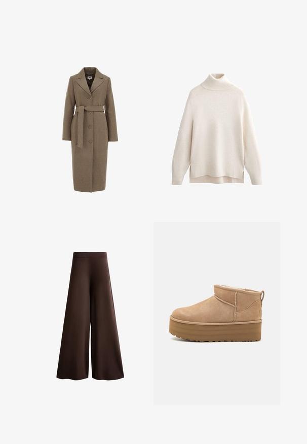 Cappotto in misto lana marrone con design su misura, maniche lunghe, rever a scollo a V, chiusura a bottoni e una cintura coordinata in vita.; Maglione a collo alto crema, con colletto e polsini a costine, morbido al tatto, vestibilità rilassata, fessure laterali e orlo posteriore leggermente più lungo.; Pantaloni larghi marroni realizzati in tessuto morbido, dotati di vita alta, texture sottile e una silhouette fluida senza chiusure o decorazioni visibili.; Stivaletti alla caviglia in suede beige con un interno morbido, dotati di suola platform e di una linguetta sul retro per una facile indossabilità. Suola in gomma texturizzata.