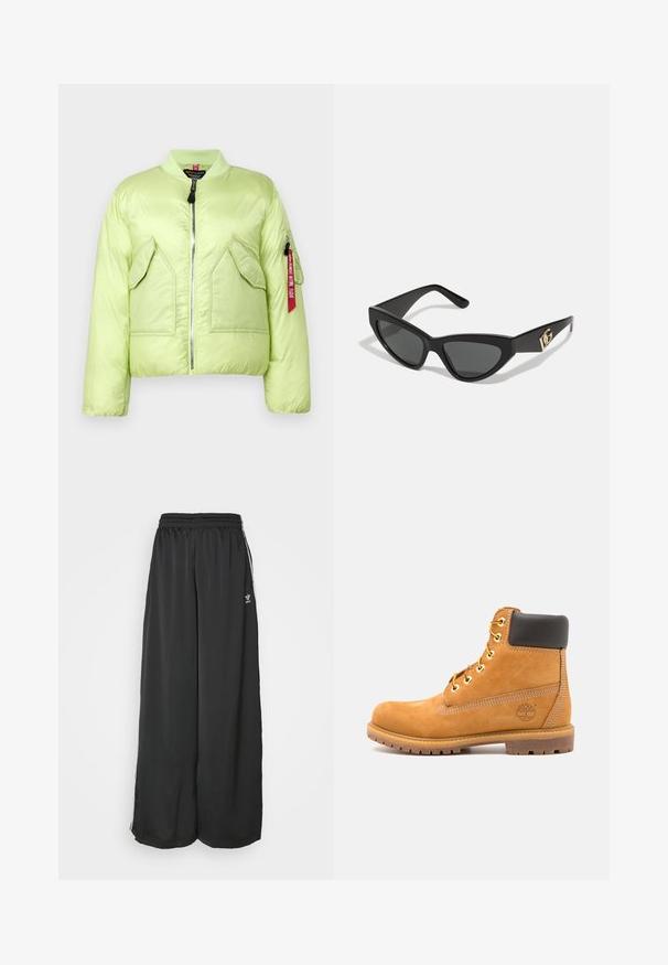 Lichtgroene gewatteerde bomberjack met ribbelkraag, ritssluiting en twee voorzakken. Heeft een ritszak op de mouw met een rode label.; Twee camisoles: één crème en één zwart. Beide hebben kantafwerking langs de halslijn en de zoom, met verstelbare spaghettibandjes.; Zwarte, loszittende trainingsbroek van gladde stof. Voorzien van een elastische tailleband en zijstrepen met logo-accenten.; Bruine leren enkelboot met zwarte voering, gouden oogjes en een gestructureerde zool. Kenmerkt zich door een cirkelvormig logo aan de zijkant en stikselaccenten.; Cat-eye zonnebrillen met een matte zwart plastic frame, donkere lenzen en een gouden logo-accent op de poot. Hoekig ontwerp en een soepele textuur.