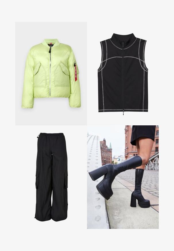 Veste bomber matelassée vert clair avec col côtelé, fermeture éclair et deux poches avant. Présente une poche zippée sur la manche avec une étiquette rouge.; Gilet sans manches noir en tissu lisse, présentant des détails de couture argentée et une fermeture éclair sur le devant, conçu avec un col haut.; Pantalons cargo noirs avec une taille élastique, coupe décontractée, tissu léger, poches latérales et finition texturée subtile.; Bottes noires à plateforme montantes en cuir lisse, avec des talons carrés épais et un design élégant, le tout sur fond urbain.