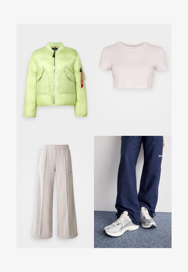 Light green padded bomber jacket with ribbed collar, zip closure, and two front pockets. Features a zip pocket on the sleeve with a red tag.; Cropped T-shirt in light pink, made of soft fabric. Features a crew neck and short sleeves with a small white Nike logo on the chest.; Light gray wide-leg pants made of smooth fabric. Features an elastic waistband and black Nike logo on the left side.; Nike athletic shoes with a silver mesh upper, white accents, and textured soles, paired with loose-fitting navy pants.