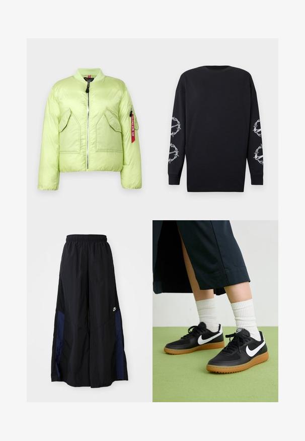 Vaaleanvihreä pehmustettu bomber-takki, jossa on ribbireunus, vetoketjusuljenta ja kaksi etutaskua. Hihassa on vetoketjullinen tasku, jossa on punainen etiketti.; Musta pitkähihaine paita pyöreällä kaula-aukkolla, jossa on valkoista piikkilanka- ja orjantappurakuviota molemmissa hihoissa.; Musta leveälahkeinen housu, joka on valmistettu kevyestä kankaasta. Housuissa on tummansininen sivupaneeli ja joustava vyötärö. Alhaalla on pieni valkoinen logo.; Mustat nahka- ja synteettiset urheilukengät, joissa on valkoinen Nike-merkki, kuminen pohja, pyöreä kärki ja mustat nauhat. Raitapintaiset valkoiset sukat näkyvissä.