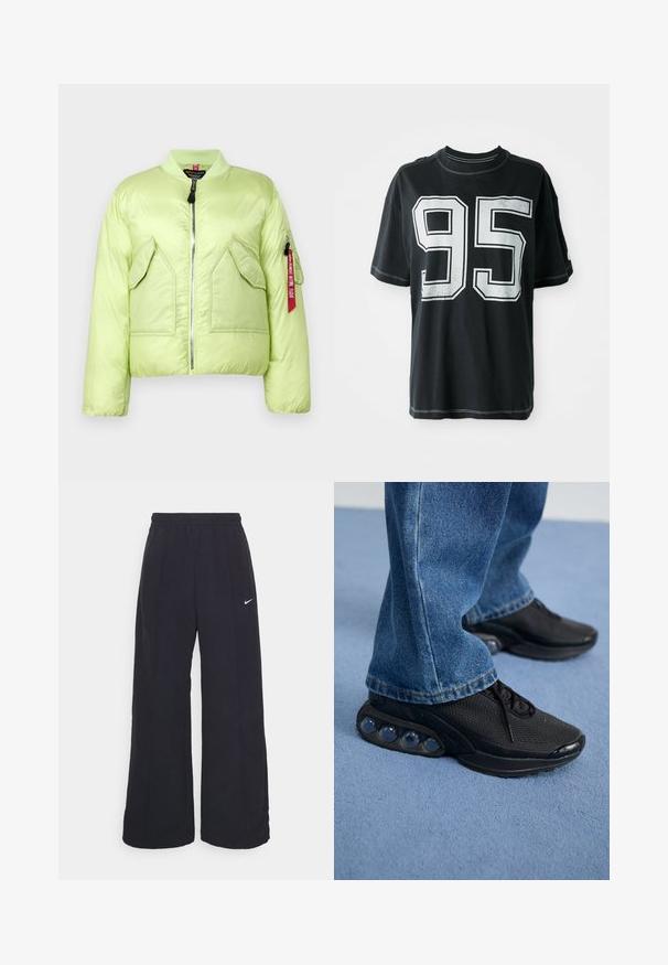 Svetlozelená vypchávkovaná bomber bunda s rebrovaným golierom, zipsovým zapínaním a dvoma prednými vreckami. Táto bunda má tiež zipsové vrecko na rukáve so červeným štítkom.; Čierne bavlnené tričko s krátkymi rukávmi, na prednej strane s bielou potlačou čísla "95" a kontrastným prešitím pozdĺž okrajov.; Čierne široké nohavice s elastickým pásom a malým bielym logom Nike. Tkanina má hladkú textúru, navrhnutá pre pohodlie a neformálne nosenie.; Čierne atletické tenisky s vrchným materiálom z elastického sieťového textilu, s textúrovanými akcentmi a viditeľnými vzduchovými podložkami v podrážke. Nosené s modrými džínsami.