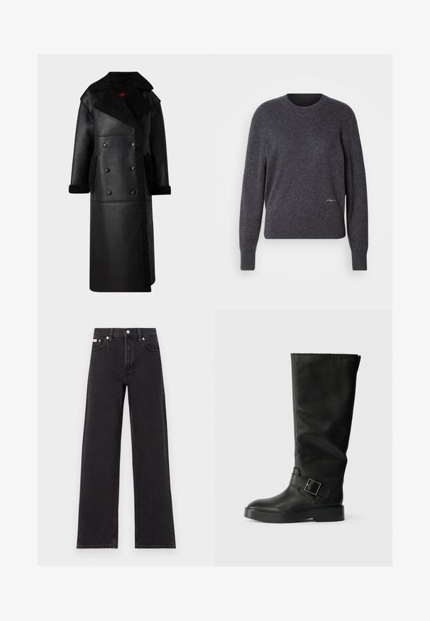 Schwarzledermantel mit Doppelkinn-Design, Lammfell-Akzenten an Kragen und Taschen, langer Länge und strukturierter Oberfläche.; Dunkelgrauer Rundhals-Pullover aus weichem Material. Merkmale sind lange Ärmel, gerippte Bündchen und ein dezentes Logo-Detail auf der unteren Vorderseite.; Schwarze weit geschnittene Jeans aus Denim mit einem hoch sitzenden Bund, fünf Taschen und einem Metallknopfverschluss mit kontrastierendem Nähte.; Schwarze kniehohe Stiefel aus glattem Leder, mit runder Zehenpartie, dicker Sohle und einem horizontalen Riemen mit rechteckiger Schnalle.