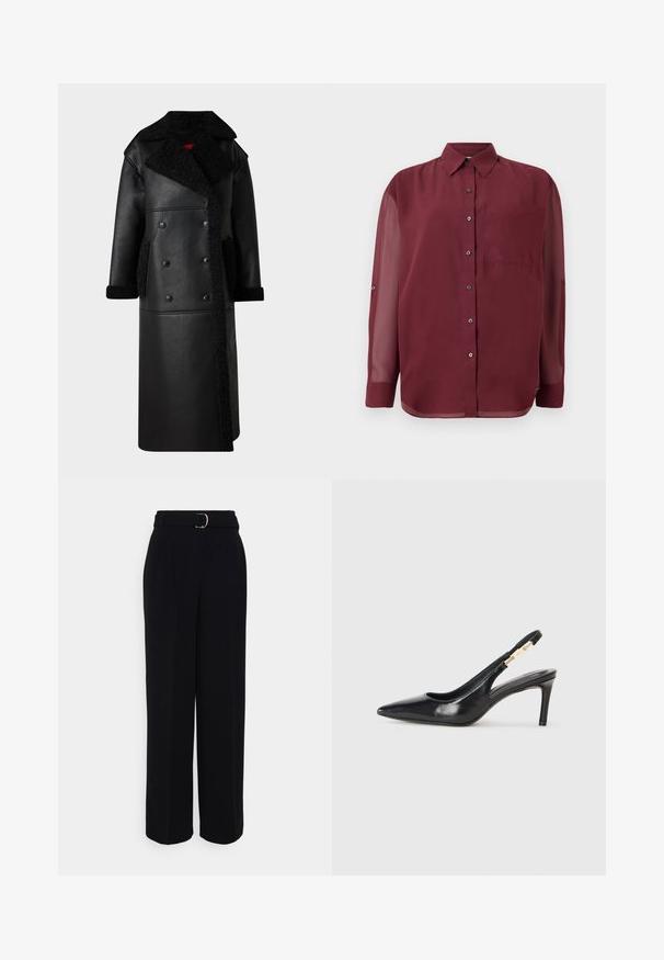 Zwarte leren jas met een dubbelgeknoopte ontwerp, schapenvachtaccenten op de kraag en zakken, lange lengte en gestructureerde afwerking.; Bourgondische knoop-shirt met een puntige kraag, lange doorzichtige mouwen, een borstzak en zilverkleurige knopen. Glad stoftextuur.; Zwarte op maat gemaakte broek met een wijde pijpen-silhouet, voorzien van een riem met een zilveren gesp, plooien en een gladde stofstructuur.; Zwarte leren slingback pump met hoge hakken, een spitse neus, een gladde textuur, en een smalle enkelband met gouden hardware accenten.