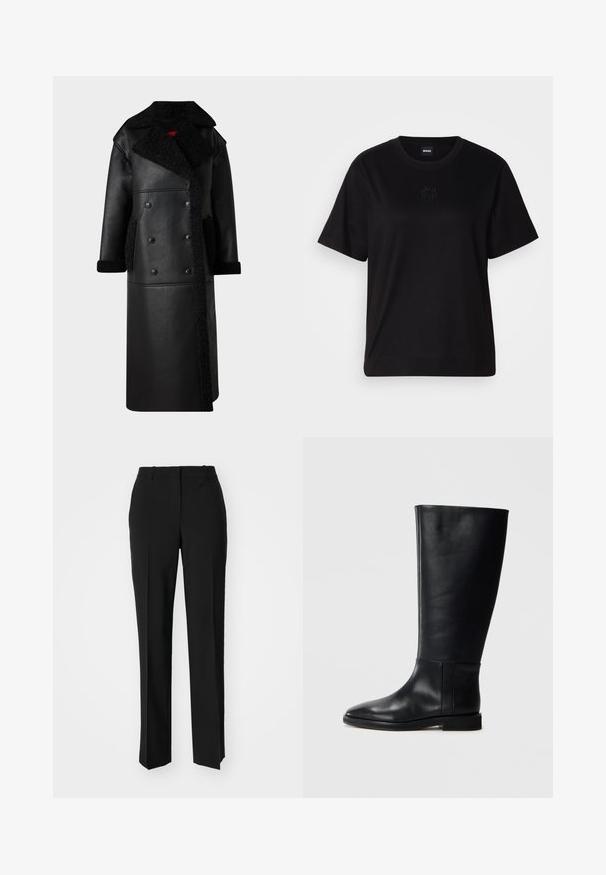 Schwarzledermantel mit Doppelkinn-Design, Lammfell-Akzenten an Kragen und Taschen, langer Länge und strukturierter Oberfläche.; Schwarzes Baumwoll-T-Shirt mit Rundhalsausschnitt, kurzen Ärmeln und aufgesticktem Logo auf der Brust. Einfacher, lässiger Schnitt ohne Muster.; Schwarze, taillierte Hose mit geradem Bein, aus einem glatten Stoff und mit klaren Falten an der Vorderseite. Keine sichtbare Hardware.; Schwarze Lederstiefel bis zum Knie mit runder Zehenform, glatter Textur, minimalistischem Design und flacher Sohle. Einfache Nahtdetails am Schaft.