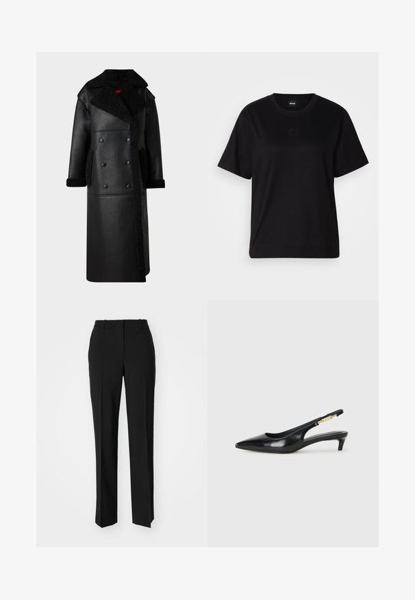 Casaco de pele preta com design de dupla face, detalhes em pele de carneiro na gola e bolsos, comprimento longo e acabamento texturizado.; T-shirt de algodão preto com decote redondo, mangas curtas e um logótipo bordado no peito. Corte simples e descontraído, sem padrões.; Calças pretas de corte ajustado com um design de perna reta, apresentando uma textura lisa e pregas bem definidas na frente. Sem hardware visível.; Saltos slingback em couro preto com bico fino, apresentando um salto esguio e um detalhe em tom dourado na alça ajustável. Textura suave.
