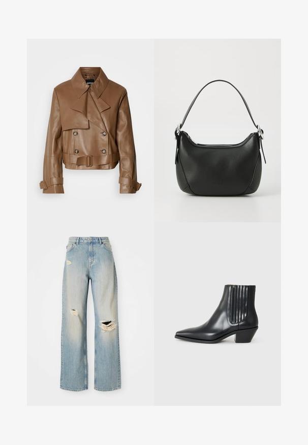 Brown leather cropped jacket with a wide collar, double-breasted buttons, and a belt, displayed against a plain white background.; Gray sleeveless turtleneck top, body-hugging fit, ribbed texture, smooth fabric, features high neck and stylish shoulder cutouts.; Light blue straight-leg jeans with high waist, belt loops, and distressed rips on the left thigh, right knee, and lower left leg.; Black leather ankle boot with pointed toe, elastic side panels with vertical grooves, and a low block heel. Smooth texture and sleek design.; Black leather handbag with a curved shape, silver zipper, and a short handle. Features a subtle logo on the front and smooth texture.