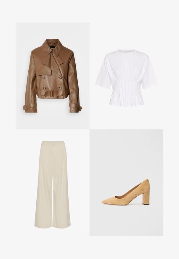 Pruun nahkne lühike jaki, millel on lai krae, topelt-nupud ja vöö, mis on esitatud liigselt valge tausta ees.; Valge lühikeste varrukatega topp pehmest kangast, ümmarguse kaelusega ja kokkutõmbumise detailidega vööl, et saavutada figureeriv välimus.; Laia jalad kerge beeži kangaga, millel on voldid, kõrge vöökoht ja sile tekstuur ilma nähtavate kaunistusteta.; Beežist nubukist kõrge kontsaga kingad, millel on terav nina ja massiivne plokkkonts. Materjal on pehme tekstuuriga ja sileda pinnaga.