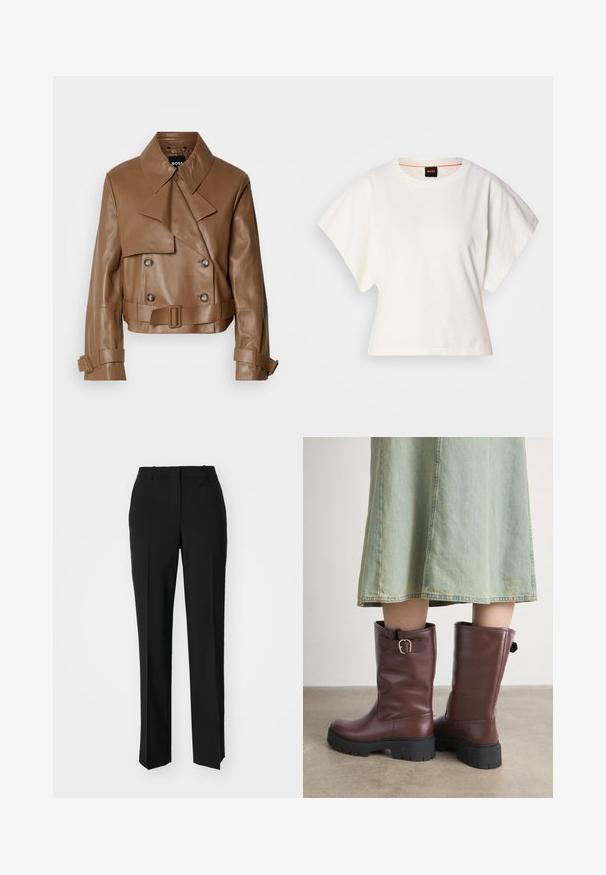 Smeđi kožnjati skraćeni sako sa širokim ovratnikom, dvostrukim dugmadi i remenom, prikazan na jednostavnoj bijeloj pozadini.; Bijeli skraćeni T-shirt, široke kratke rukave, mekani pamučni materijal, okrugli izrez s suptilnim narančastim detaljem, minimalistički dizajn, bez uzoraka ili grafika.; Crne krojene hlače ravnog kroja, s glatkom teksturom i oštrim pregibima naprijed. Bez vidljivih metalnih dijelova.; Smeđe kožne čizme do koljena s teksturiranim završetkom, s bočnim detaljem kopče i debelim crnim gumeni đonovima.