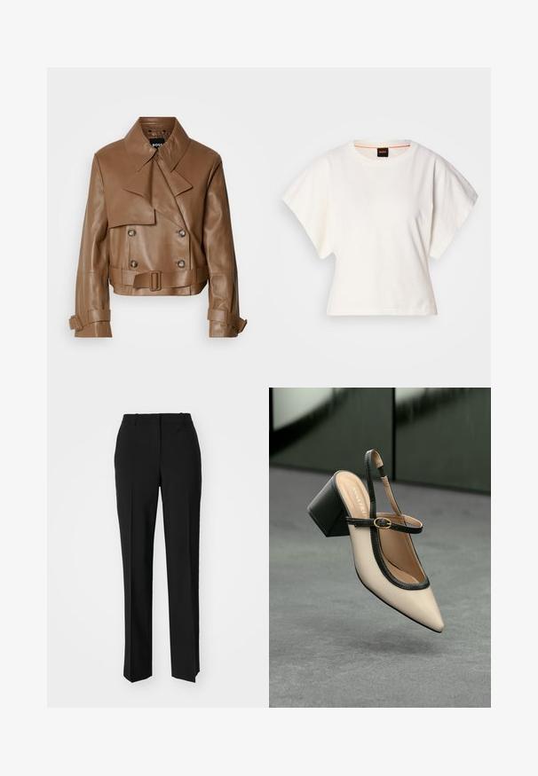 Brown leather cropped jacket with a wide collar, double-breasted buttons, and a belt, displayed against a plain white background.; White cropped T-shirt, short wide sleeves, soft cotton material, round neckline with subtle orange trim, minimal design, no patterns or graphics.; Black tailored trousers with a straight-leg design, featuring a smooth texture and crisp creases along the front. No visible hardware.; Beige pointed-toe slingback shoe with black trim, gold buckle, and a chunky block heel on gray floor with dark green background.