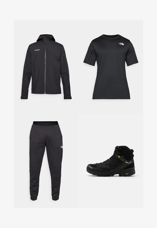 Svart huva jacka gjord av lätt, vattenavvisande material. Har en dragkedja framtill, elastiska ärmslut och logotypdetalj på bröstet.; Svart kortärmad t-shirt i lätt, fuktavvisande material. Har en vit logotyp på vänster bröst och rund halsringning.; Svarta sweatpants i slätt tyg, med en smalnande design, elastisk midja och logodetalj på höger ben.; Svart vandringskänga med en strukturerad ovandel, förstärkt tå och Vibram-sula. Snörningssystemet inkluderar krokar för en säker passform.