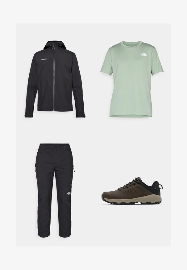 Casaco com capuz preto, feito de material leve e resistente à água. Apresenta fecho de correr na frente, punhos elásticos e detalhe do logo no peito.; T-shirt de manga curta verde claro, feito de um tecido suave; apresenta um logótipo branco no lado superior esquerdo; decote redondo.; The North Face WINTER EXPLORATION TAPERED CARGO  - Calças para exterior - black; Ténis impermeáveis castanhos com um upper texturizado, detalhes perfurados, apoio para o calcanhar preto e uma sola de borracha cinza. Os atacadores têm extremidades metálicas.