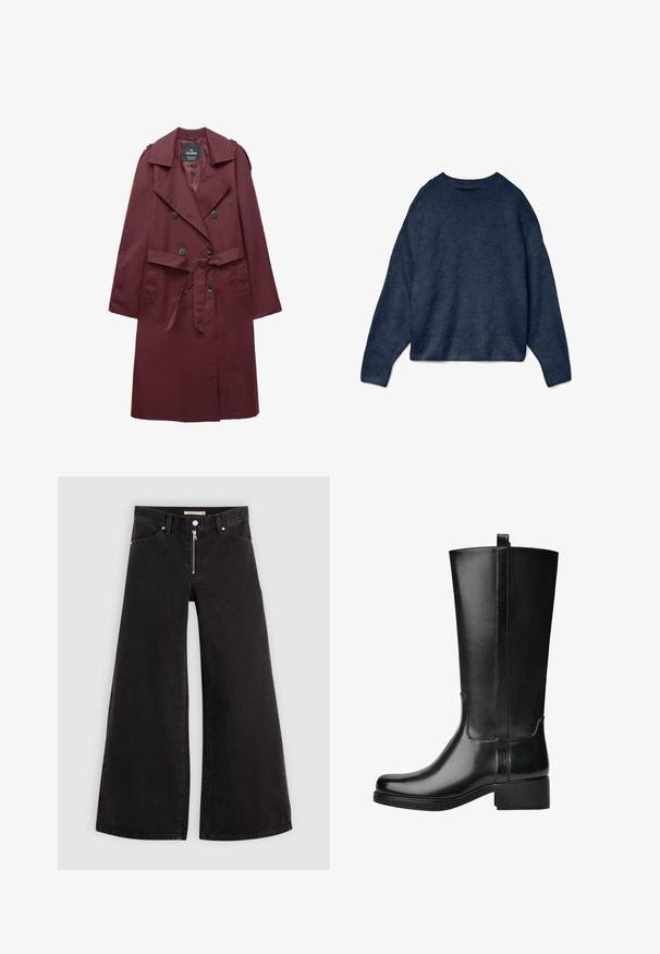 Hosszú bordó, dupla gombos trench coat széles hajtókákkal, gombos részletekkel, anyagövéssel és oldalsó zsebekkel, fehér háttéren, laposan függesztve.; Sötétkék környakú pulóver hosszú ujjakkal, bordás mandzsettákkal és aljjal, puha kötött anyagból készült.; Fekete denim széles szárú farmer, cipzáros elejével, öt zsebes kialakítással és diszkrét varrással. Sima textúra és laza stílus.; Fekete, fényes bőr térdmagasságú csizmák, tömör sarokkal, függőleges varrásokkal és egy húzófüllel a tetején a könnyű felhelyezés érdekében.