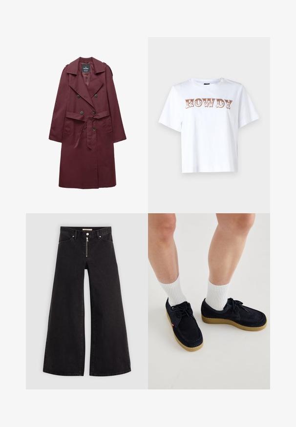 Dlhý bordový dvoch radový trenčkot so širokými klopami, gombíkmi, látkovým opaskom a bočnými vreckami, zavesený na bielom pozadí.; Biela bavlnená tričko s krátkymi rukávmi a okrúhlym výstrihom, s nápisom "HOWDY" v štýlovom hnedom písmene cez prednú stranu.; Dlhé nohavice vo voľnom strihu z čierneho denimu so zipsom vpredu, päť vrecúškovým dizajnom a jemnými stehovými detailmi. Hladká textúra a neformálny štýl.; Námornícke modré semišové topánky s okrúhlou špičkou, šnurovacia konštrukcia a krémová gumená podrážka. Skombinované s bielymi rebrovanými ponožkami po kotníky.
