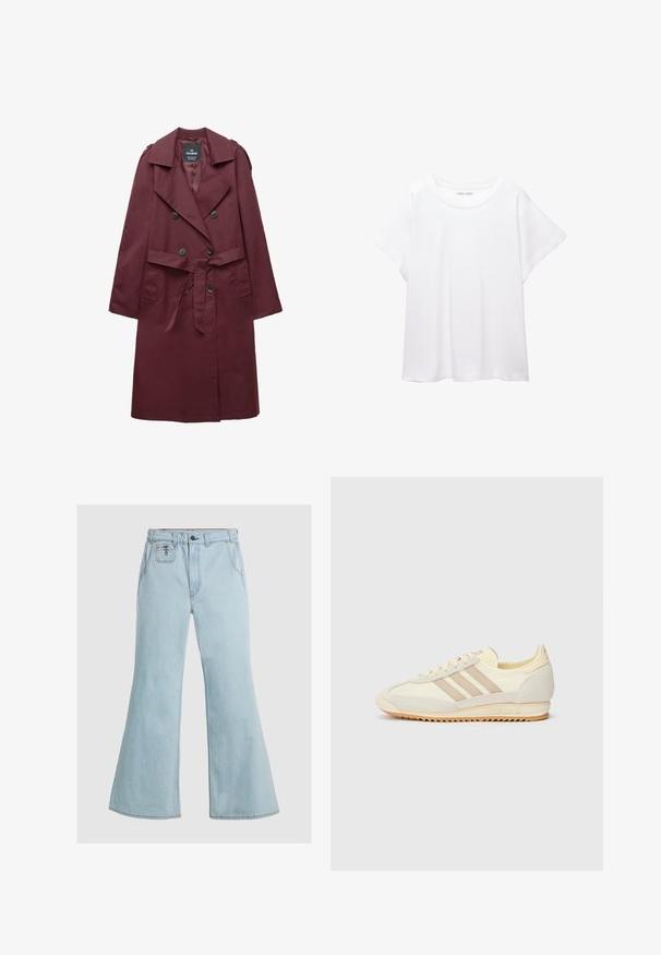 Dlouhý bordó dvouřadý trenčkot s širokými klopami, knoflíkovými detaily, látkovým opaskem a bočními kapsami, visící na bílém pozadí.; Bílý tričko vyrobené z měkké, lehké tkaniny. Má kulatý výstřih a krátké, široké rukávy s uvolněným střihem. Bez viditelných vzorů.; Světlé modré zvonové džíny z denimu, s vysokým pasem, zapínáním na knoflík a předními kapsami. Hladká textilie s minimem švů.; Krémové sportovní tenisky s třemi béžovými pruhy, z velurové a textilní materiály, s texturovanou podrážkou a embosovaným logem na patě.